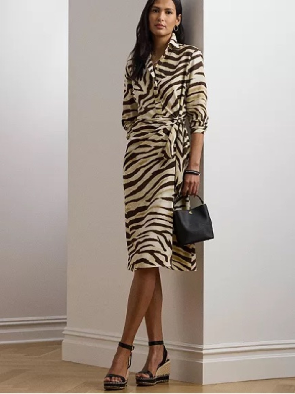 Lauren Ralph Lauren Zebra-Print Tie-Front Crepe Shirtdress Size 4 Petite